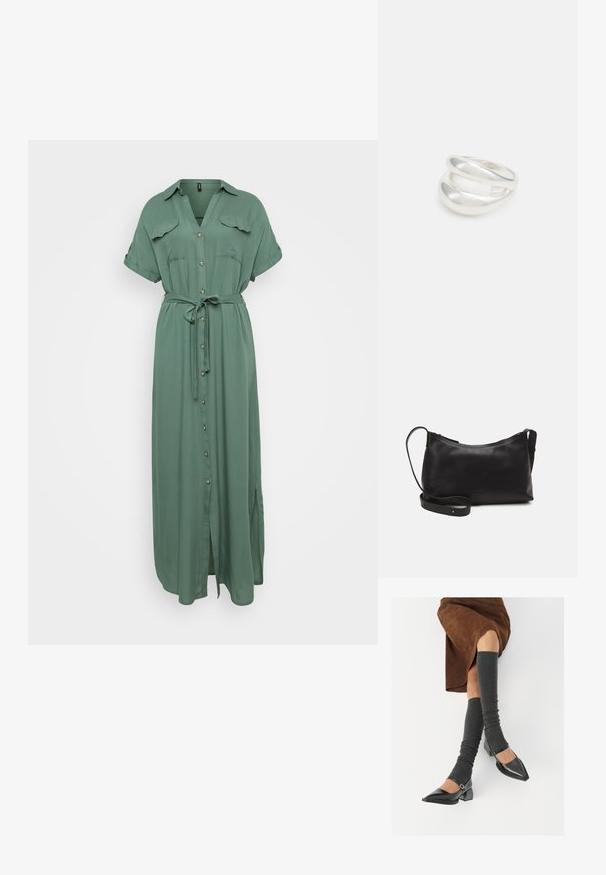 Zelena maksi obleka s kratkimi rokavi, sprednjimi gumbi, dvema žepoma na prsih in usklajenim pasom, izdelana iz mehke, tekoče tkanine.; Črne lakirane čevlje s pointy prsti in blok peto ter z naramnicami za gleženj, ki jih kombiniramo s sivimi rebrastimi nogavicami in rjavim suknjičem iz usnja.; Črna usnjena torba čez ramo z gladko teksturo, ukrivljeno obliko, nastavljivim trakom in zadrgo. Minimalističen dizajn brez okrasnih detajlov.; Srebrn dvojni prstan z gladko, polirano površino. Ima tekoč, ukrivljen dizajn z prekrivajočimi se sekcijami za sodoben videz.