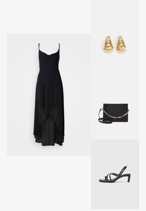 Fekete estélyi ruha, lógó dekoltázzsal, állítható pántokkal és réteges, aszimmetrikus szoknyával. Könnyű, folyékony anyagból készült.; Fekete pántos szandál négyzetes orral és alacsony blokk sarkal. Több vékony pánttal és állítható boka pánttal rendelkezik. Sima bőrből készült.; Fekete bőr keresztpántos táska, sima textúrával, téglalap alakú és fém lánc részlettel az elején. Állítható pánttal ellátva.; Arany színű fülbevalók, amelyek hosszúkás kúp alakúak, spirális díszítéssel. Simább felület, tükröződő fényességgel, ívelt részletekkel.