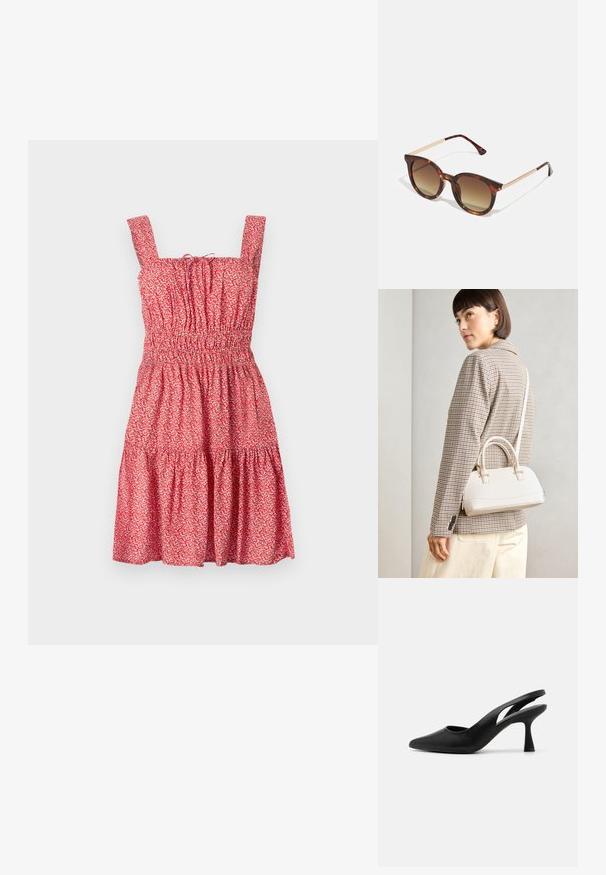 Röd blommig sommarklänning med fyrkantiga axelband, smockad byst och lagerad kjol. Tillverkad av lätt material med ett fint blommönster.; Svarta slingback-klackar med spetsig tå, tillverkade av mjukt läder. Har en utskärningsdesign och en stabil, avsmalnande klack.; Sköldpaddsmönstrade solglasögon med gradientbruna Linser, rundad form och guldfärgade metalldetaljer vid bågarna.; Vitt strukturerat handväska med korta handtag och en axelrem, med gyllene detaljer och texturerat material, visad mot en grå bakgrund.