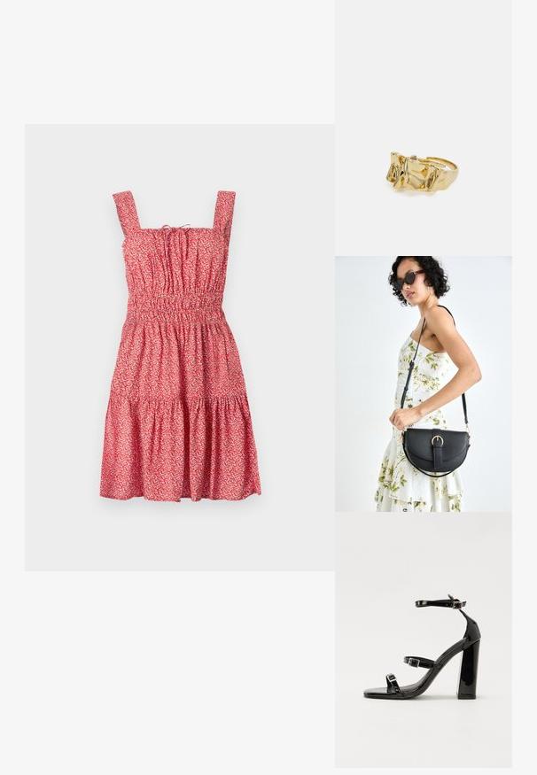 Rotes Sommerkleid mit Blumendruck, quadratischen Trägern, gerüschtem Oberteil und gestuftem Rock. Aus leichtem Stoff mit einem zarten Blumenmuster gefertigt.; Schwarze patentierte Sandalen mit Absatz, quadratischer Spitze, Knöchelriemen und silbernen Schnallen. Mit einem stabilen Blockabsatz für mehr Stabilität.; Schwarze Lederhandtasche mit geschwungener Form, abnehmbarem Tragegurt und goldenen Beschlägen. Die Tasche verfügt über einen Deckel mit einer Schnallen-Details.; Goldring mit strukturiertem, wellenförmigem Design, das drei markante Spitzen aufweist. Glatte, glänzende Oberfläche mit einem offenen Band für einen verstellbaren Sitz.