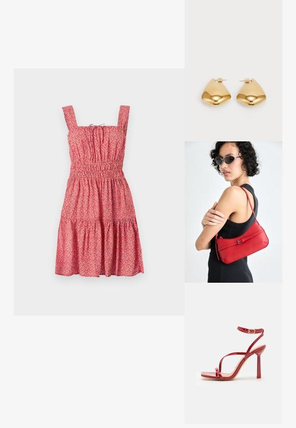 Červené kvetinové letné šaty so štvorcovými ramienkami, smockovaným živôtikom a tierovanou sukňou. Vyrobené z ľahkej tkaniny s jemným kvetinovým vzorom.; ALDO SCINTILLA - Sandále na vysokom opätku - red; Červená kožená taška cez rameno s hladkým povrchom, zakriveným dizajnom a dekoračnou sponou. Nastaviteľný popruh a zips.; Náušnice z kovu v zlatej farbe s hladkým, zaobleným trojuholníkovým tvarom a dizajnom na zapichovanie; reflexný povrch s minimálnymi detailmi.