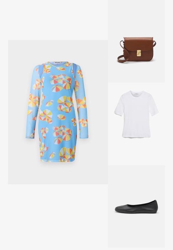 Plava haljina dugih rukava s printom šarenih loptića za plažu u žutoj, narančastoj i crvenoj boji. Izrađena od glatkog, rastezljivog materijala.; Bijela majica s kratkim rukavima izrađena od rebraste tkanine. Okrugli izrez, klasičan kroj i suptilni detalji šivanja. Bez uzoraka ili grafika.; Crne kožne baletanke s zaobljenim vrhom, glatke teksture, minimalnim detaljima šavova i fleksibilnim dizajnom potplata.; Smeđa kožna torba s preklopom, zlatnim detaljima, remenom za nošenje preko ramena i glatkom teksturom. Kompaktni pravokutni oblik.
