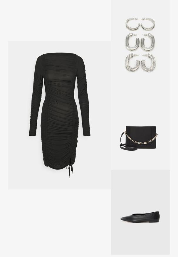 Čierne dlhé rukávy s riasenou textúrou, s štvorcovým výstrihom a detailom sťahovacej šnúrky na okraji pre nastaviteľné prispôsobenie. Hladká tkanina.; Čierne kožené baletky, špicatý špička, minimalistický dizajn, hladká textúra, nízky podpätok, bez viditeľných prvkov alebo ozdôb.; Čierna kožená crossbody taška s hladkou textúrou, obdĺžnikovým tvarom a kovovým reťazovým detailom na prednej strane. Súčasťou je nastaviteľný popruh.; Štyri páry strieborných náušníc: dve lesklé hladké kruhové dizajny, jeden textúrovaný a jeden pokrytý malými jasnými rhinestone kamienkami.