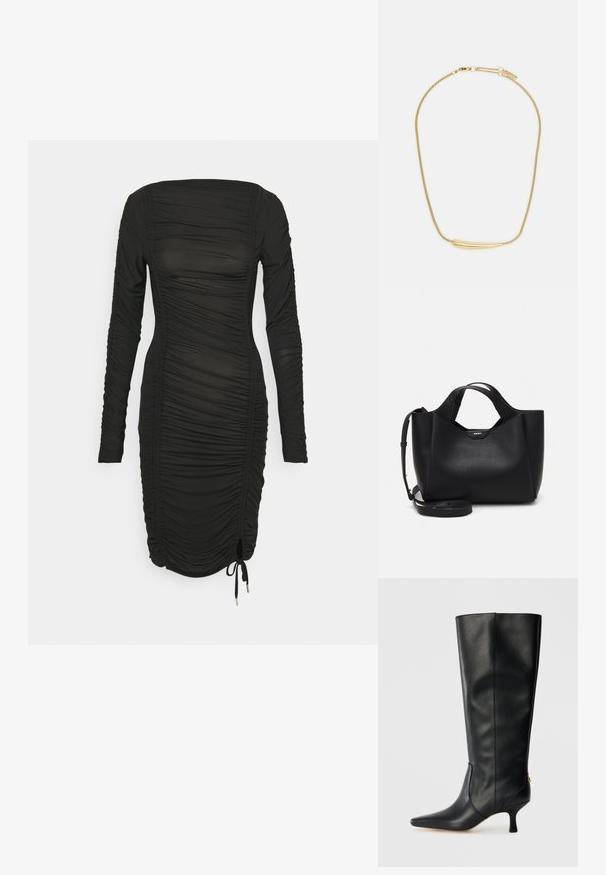 Černé dlouhé šaty s řaseným designem, s čtverečným výstřihem a detaily s šňůrkou na spodním lemu pro nastavitelné nošení. Hladká látka.; Černá kožená vysoká kozačka s špičatou špičkou, štíhlým designem a zúženým 3palcovým podpatkem. Obsahuje zlatý akcent na zadní straně.; Černá kožená taška s texturovaným povrchem, úhlovým tvarem, dvojitými uchy a nastavitelným popruhem na rameno. Obsahuje akcent s logem DKNY.; Zlatem pokovený náhrdelník s hladkým, zakřiveným centrálním akcentem. Disponuje flexibilním řetízkem s karabinovým zapínáním a dodatečnými nastavitelnými články řetězu.