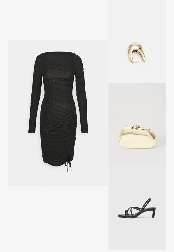 Svart langermet kjole med rynket tekstur, med firkantet utringning og snøring i nederkant for justerbar passform. Glatt stoff.; Sorte sandaler med stropper, firkantet tå og lav blokk hæl. Har flere tynne stropper og en justerbar ankelstropp. Laget av glatt lær.; Metallisk gull clutch med en glatt, rund form, med en toppknapp-lås og et lite kjede for bæring.; Gullfarget metalløredobber med et elegant, buet design. Har en karakteristisk spiss form, polert overflate og hengsel-lukking.
