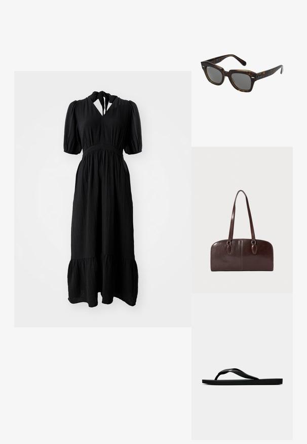 Must have tekstuuriga must kleit, millel on keskmise pikkusega puhvärv, võtmeaugu dekoltee ja kihiline hem. Omab elastset vöökohta.; Musta kummist suss, millel on tekstuuriga eraldi sõrmeosa ja lihtne lame tald, kuva külgvaates üheltoonilise heleda tausta ees.; Ristkülikukujulised päikeseprillid, millel on kilpkonnamustriga plastraam, tumedad objektiivid ja hõbedased detailid külgedel. Valmistatud Itaalias.; Pruunist nahast käekott, millel on kaks pikka sangad, struktureeritud ristkülikukujuline kuju, sile tekstuur ja ümarad servad. Lisasuunad on käärmeetel.