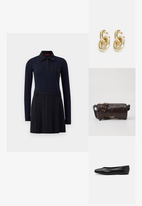 Mornarska polka haljina dugih rukava, rebrastog dezena, s kopčanjem na dugmad i džepom na grudima; suknja ima vertikalne pruge i nabore.; Paul Smith TOPANGA - Balerinke - black; Smeđa torba od kože s embosiranim krokodilskim uzorkom, cilindričnog oblika, zlatne hardverske detalje i odvojivu naramenicu sa čavlima.; Rabanne XL LINK  DOUBLE HOOP EARRINGS - Naušnice - gold-coloured