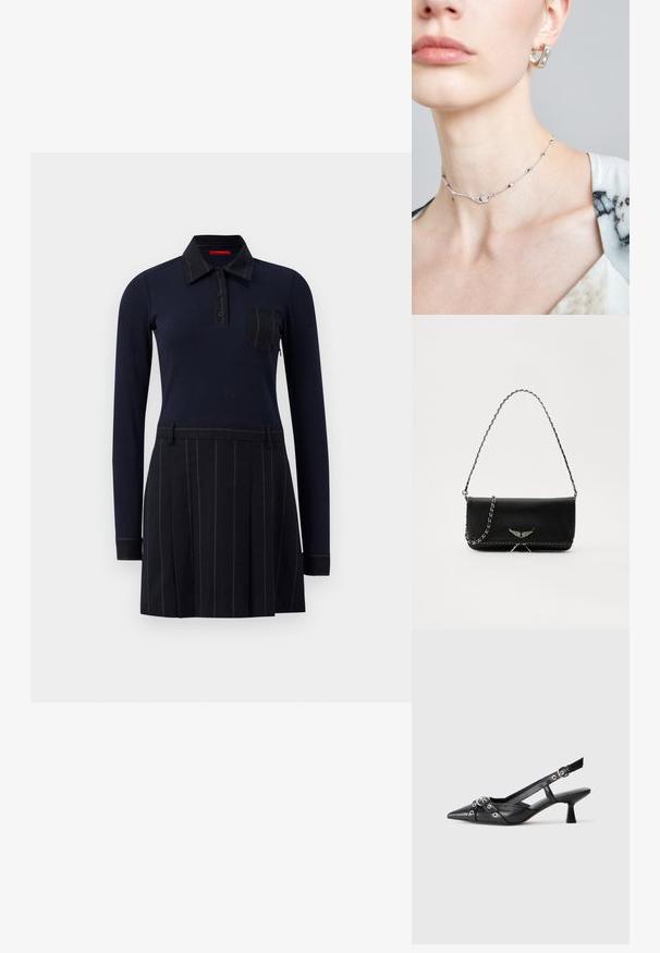 Vestito polo della marina con maniche lunghe, texture a costine, chiusura a bottoni e taschino sul petto; gonna con strisce verticali e pieghe.; Scarpa slingback nera in pelle con punta affusolata, cinturini decorativi con occhielli metallici e tacco basso a blocco. Superficie testurizzata.; Borsa a mano in pelle nera con una tracolla in catena argento, caratterizzata da decorazioni a forma di ali e cuciture bianche lungo la cucitura inferiore.; Collana choker in argento con una delicata catena, caratterizzata da accenti geometrici e un piccolo elemento decorativo al centro. Texture della pelle liscia visibile.