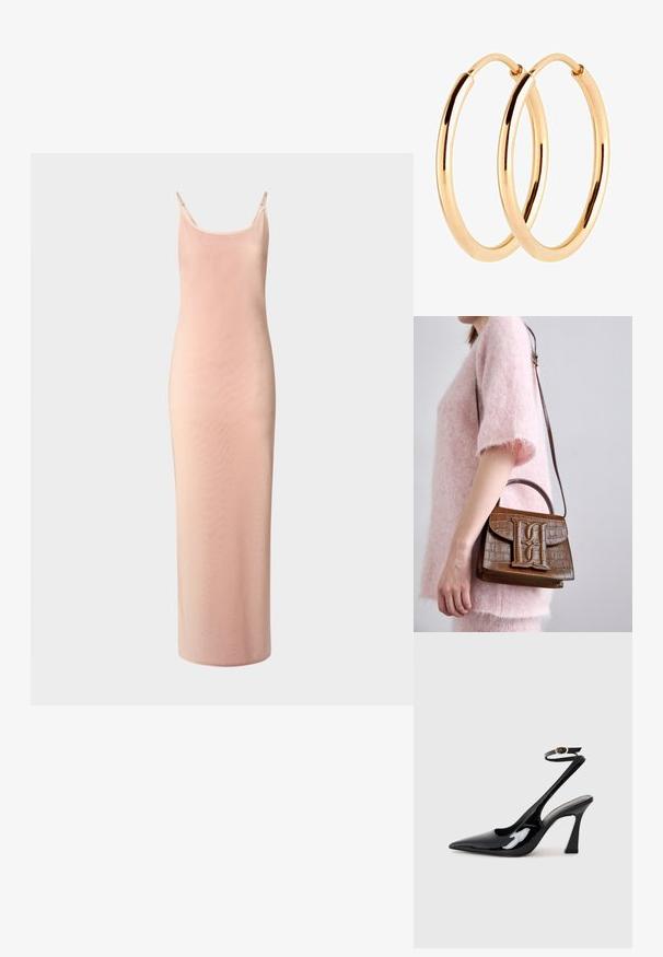 Vestido largo y ajustado en tela de un suave color rosa. Presenta tirantes finos, un escote redondeado y una textura lisa con un ligero brillo.; Tacan de charol negro con tacón alto de slingback, con punta afilada, correa ajustable en el tobillo y un tacón bloque moderado. Textura suave con acabado brillante.; Bolso de mano marrón con estampado de cocodrilo, que incluye un asa superior y una correa para el hombro. Presenta un logo prominente en la solapa frontal. Textura suave.; Pendientes de aro metálicos en tono dorado con una superficie lisa y pulida. Forma circular con un ancho consistente y cierre sin fisuras.