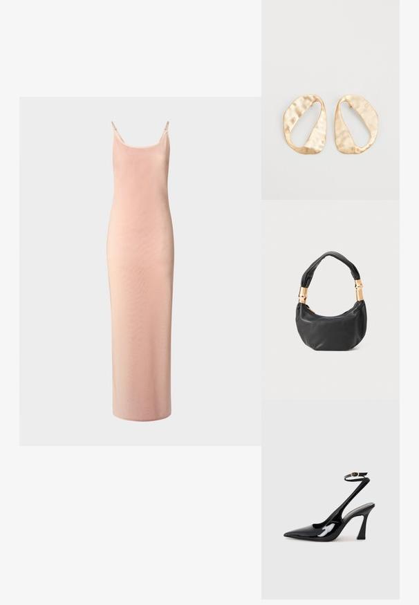 Long, fitted dress in soft pink fabric. Features thin straps, a scoop neckline, and a smooth texture with a slight sheen.; Black patent leather slingback high heels with a pointed toe, adjustable ankle strap, and a moderate block heel. Smooth texture with glossy finish.; Black leather handbag with a round shape, soft texture, and a knotted handle featuring gold-tone hardware accents. Zipper closure.; Pair of irregular oval-shaped gold-toned metal earrings with a textured, slightly hammered surface on a white background.