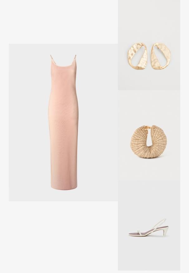 Pitkä, vartalonmyötäinen mekko pehmeästä vaaleanpunaisesta kankaasta. Varustettu ohuilla olkaimilla, avonaisella pääntiellä ja sileällä pinnalla, joka heijastaa hieman valoa.; Valkoiset nilkkaketjulliset sandaalit, joissa on pieni korko, ohuet hihnat ja sileä nahkapinta; varustettu pienellä koristeellisella soljella.; Cult Gaia UBAH - Pikkulaukku - wheat; Pari epämuodostuneita soikeita kultasävyisiä metallikorvakoruja, joissa on teksturoitu, hieman hakattu pinta valkoista taustaa vasten.