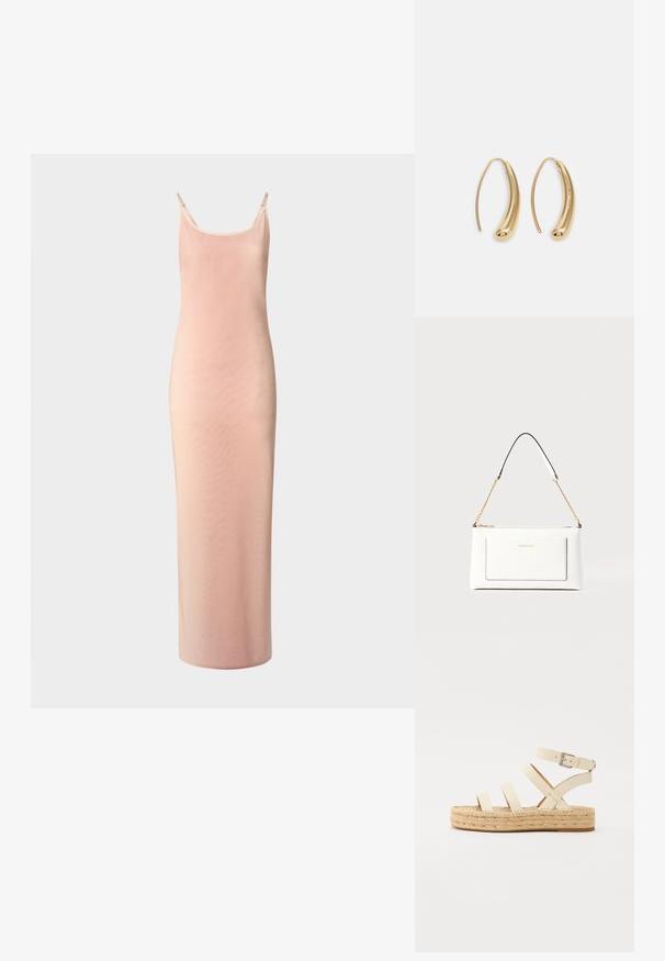 Rochie lungă, mulată, dintr-un material roz pal. Dispune de bretele subțiri, decolteu în formă de cupă și o textură netedă cu o ușoară strălucire.; Sandalie espadrile din piele bej deschis, cu patru bretele intersectate și o cataramă la gleznă, având un talpă din jute împletit și o talpă plată din cauciuc.; Geantă de mână din piele albă cu un finisaj texturat, având o curea din lanț aurie și accente negre. Include un buzunar frontal și închidere cu fermoar.; Cercei din metal auriu, cu un design curbat și alungit. Au o suprafață netedă și strălucitoare, cu un vârf rotunjit pentru un detaliu suplimentar.