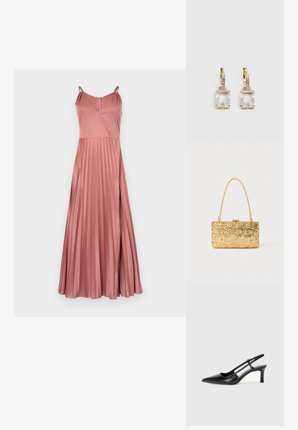 Hosszú, plissézett ruha puha rózsaszín anyagból, vékony pántokkal, V-nyakkivágással és kulcslyuk hátkivágással. Simává álló textúra és elegáns esés.; Fekete lakk slingback sarok, hegyes orral, texturált kígyómintával, állítható pánttal és rövid, texturált tömbsarkal.; Arany flitteres clutch táska, téglalap alakú, csavart lánckarabinerekkel és fém záródással, mely fényt tükröz a textúrált felületének köszönhetően.; Aranyszínű fülbevalók, melyek egy téglalap alakú, tiszta kristállyal díszítették, ami egy sor kis, kerek, tiszta kiegészítő alatt lóg. Letisztult, modern dizájn.