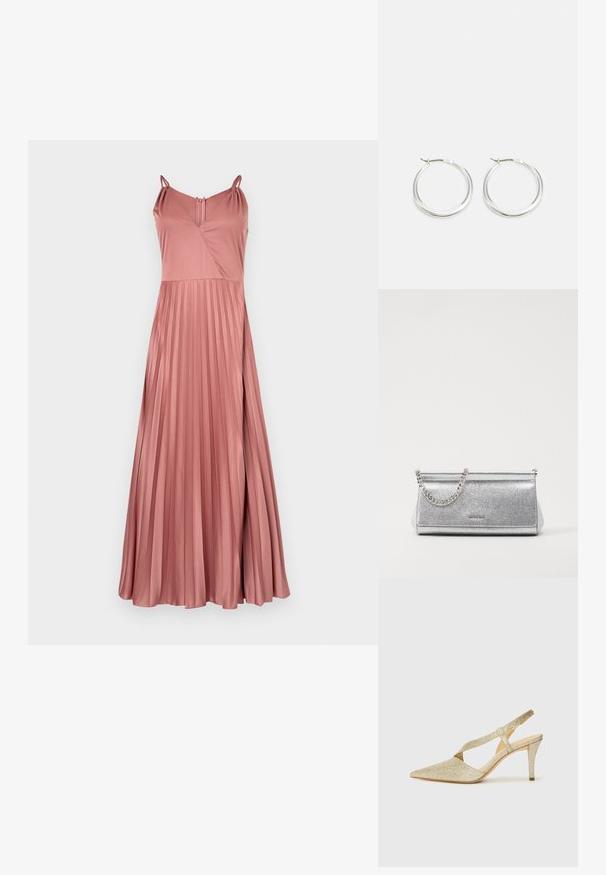 Robe longue plissée en tissu rose doux, dotée de fines bretelles, d'un décolleté en V et d'une fermeture dans le dos en forme de trou de serrure. Texture lisse et drapé élégant.; Pompe à talon slingback en or scintillant avec un bout pointu, une fine bride de cheville et un talon élancé. La surface présente une finition métallique texturée.; Pochette à paillettes argentées avec une finition texturée, dotée d'une chaîne en argent et d'une forme rectangulaire élégante. Fermeture en haut.; Les boucles d'oreilles en argent en forme de créole présentent un design lisse et arrondi avec un profil fin et un fermoir sécurisé. Style minimaliste avec une finition polie.