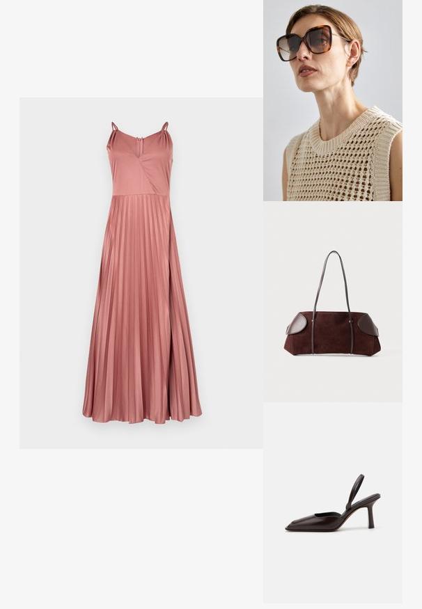 Lange, geplooide jurk van zachtroze stof, met dunne bandjes, een V-halslijn en een sleutelgatsluiting op de rug. Soepele textuur en elegante val.; Bruine lakschoenen met slingback en een spitse neus, naast een slanke, hoge hak. Het ontwerp is slank en heeft een gladde oppervlakte-textuur.; CHLOÉ Zonnebril - brown; Bruine suède tas met leren accenten, gestructureerde vorm, dubbele schouderbanden en ronde randen, met een gladde textuur en minimale hardware.