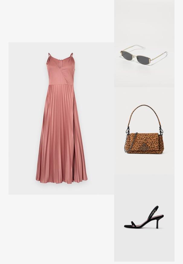 Langes, plissiertes Kleid aus weichem Rosestoff, mit dünnen Trägern, einem V-Ausschnitt und einem Schlüsselaugenverschluss hinten. Sanfte Textur und eleganter Fall.; Schwarze Wildleder-Damen-Sandaletten mit hohen Absätzen, schmalen Riemen und einer goldfarbenen Schnalle vor weißem Hintergrund, seitliche Ansicht.; Goldene Sonnenbrille mit ovaler Form, dunkelgrauen Gläsern und transparenten Bügeln. Verfügt über dekorative Akzente im Rahmen.; Tasche im Leopardenmuster aus Wildleder mit kurzem Tragegriff, einer Kettenriemen und einem schwarzen Hardware-Verschluss. Rechteckige Form mit Klappenverschluss.