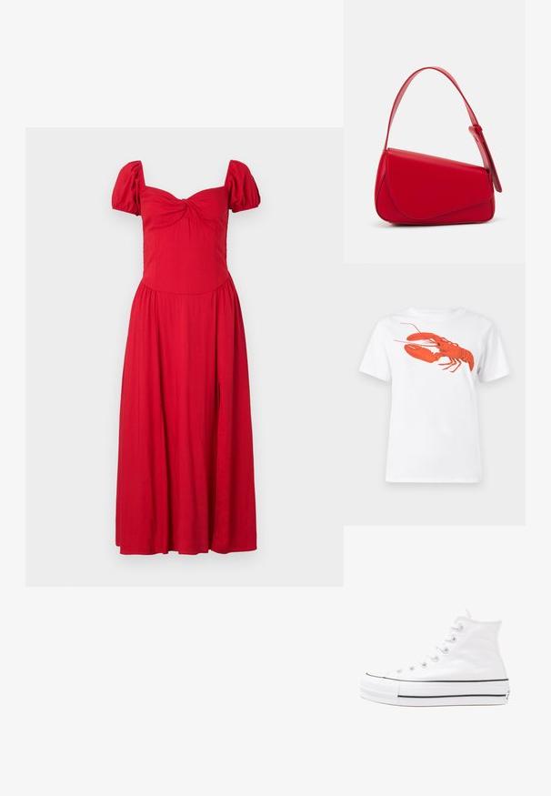 Rdeča obleka s kratkimi napihnjenimi rokavi, prilegajočim bodijem in padajočo krilo. Ima povrchno vozlano podrobnost in stranski razporek. Mehka, lahka tkanina.; Bela bomba iz bombaža z velikim, svetlo rdečim grafikonom jastreba na sprednji strani. Kratki rokavi in standarden kroj s okroglim izrezom.; Beli visoki platneni športni čevelj z črnim gumijastim podplatom, sprednjim gumijastim zaščitnikom za prste in šestimi luknjicami za vezalke, ki se ponaša s preprostim, minimalističnim dizajnom.; Rdeča usnjena torba z angularnim, geometrijskim dizajnom. Ima en samostoječ nastavljiv ročaj in pokrov, zaprt z zapiranjem, ki je okrašen s šivi.