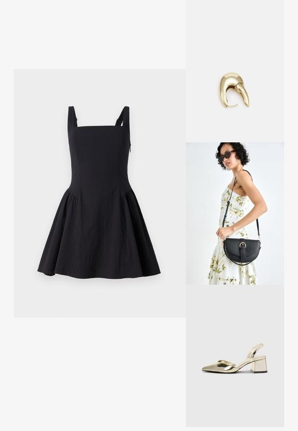 Črna obleka s kvadratnim izrezom, širokimi naramnicami, prilegajočim se korzetom in razširjeno krilo. Narejena iz lahkega materiala s gladko teksturo.; Zlati, kovinski slingback čeveljci z ostrim nosom in masivnim peto. Gladka tekstura, minimalistična zasnova in ozka zanka.; Črna usnjena torbica s ukrivljeno obliko, z odstranljivo naramnico in zlatimi dodatki. Torbica ima pokrov s podrobnostmi v obliki zaponke.; Uhane nakit iz zlatastega tona z gladko, ukrivljeno zasnovo. Ima edinstveno koničasto obliko, polirano površino in zaponko s tečajem.