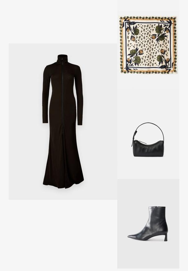 Langes schwarzes Kleid mit hohem Kragen, langen Ärmeln und einem Frontreißverschluss. Hergestellt aus einem glatten, enganliegenden Material mit einem schwingenden Rock.; Schwarze Lederstiefelette mit spitzer Zehe und schlankem Design. Verfügt über einen niedrigen Absatz und einen Reißverschluss hinten. Glatte Textur.; Seidenschal mit einem cremfarbenen Hintergrund und floralem Design in Grün und Orange. Umrandet von einem gemusterten Rand mit grünen Akzenten.; Schwarze Leder-Umhängetasche mit geschwungenem Design, Reißverschluss und schmalem Trageriemen. Hat eine glatte Textur und dezente Nahtdetails.