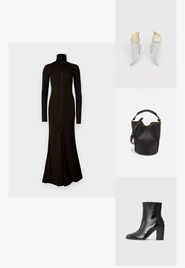 Langes schwarzes Kleid mit hohem Kragen, langen Ärmeln und einem Frontreißverschluss. Hergestellt aus einem glatten, enganliegenden Material mit einem schwingenden Rock.; Schwarze Leder-Stiefelette mit glatter Textur, spitzem Fuß und klobigem hohen Absatz. Verfügt über eine seitliche Öffnung und ein minimalistisches Design.; Schwarze Leder-Eimerhandtasche mit strukturierter Oberfläche, goldenen Hardware-Akzenten und offenem Design. Verfügt über einen kurzen Griff und einen verstellbaren Schultergurt.; Zwei flügelartige Ohrringe aus silberfarbigem Metall mit klaren, rund facettierten Strasssteinen und goldfarbenen Metallakzenten in einem geschichteten Design.