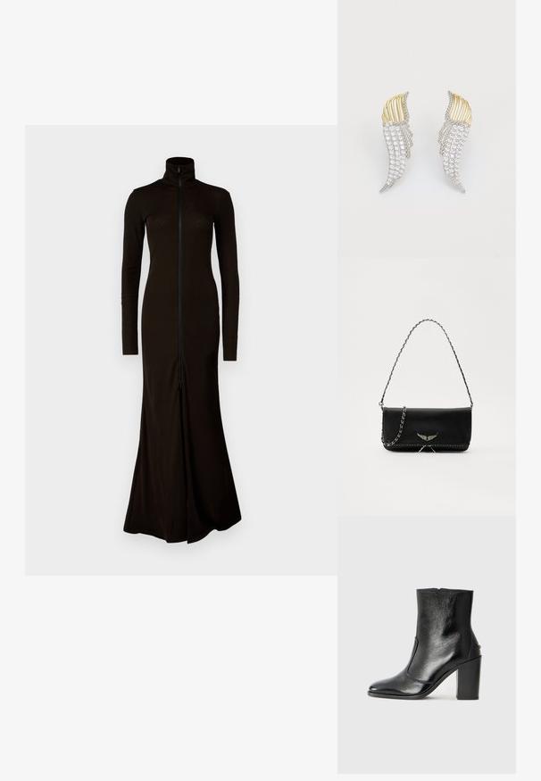 Robe noire longue avec un col haut, des manches longues et une fermeture zippée à l'avant. Faite d'un matériau lisse et ajusté avec une jupe évasée.; Bottine en cuir noir, avec une texture lisse, un bout pointu et un talon chunky haut. Présente une ouverture sur le côté et un design minimaliste.; Sac à main en cuir noir avec une bandoulière en chaîne argentée, présentant des accents décoratifs en forme d'ailes et des coutures blanches le long de la couture inférieure.; Deux boucles d'oreilles en forme d'aile, en métal argenté avec des strass ronds taillés clairs et des accents en métal doré dans un design superposé.