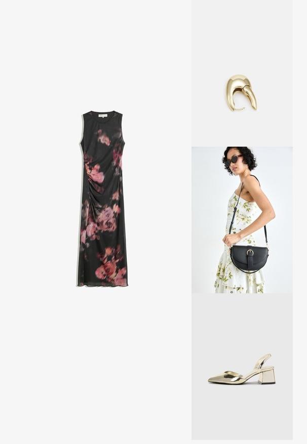 Rochie maxi fără mâneci, de culoare neagră, cu imprimeu floral în nuanțe de roz și violet și detalii subtile cu plissare pe lateral.; Pantofi cu toc slingback metalici aurii, cu vârf ascuțit și toc chunky. Textură netedă, design minimalist și o curea subțire.; Geantă din piele neagră, cu o formă curbată, curea detașabilă și accesorii aurii. Geanta are un capac cu un detaliu tip cataramă.; Cercei din metal de culoare aurie cu un design elegant și curbat. Prezintă o formă distinctivă, ascuțită, o suprafață lustruită și un sistem de închidere cu balama.
