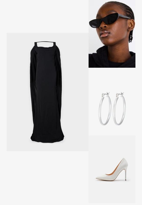 Black sleeveless dress with a square neckline, featuring draped sides and a long, flowing silhouette, made from soft, stretchy fabric.; White patent leather high-heeled pump with a pointed toe and slender stiletto heel, featuring a smooth texture and a beige interior.; Black cat-eye sunglasses with a matte finish, featuring a sleek design and gently curved edges, set against a model's dark clothing.; Silver hoop earrings with a smooth, polished finish. Round shape and secure click-top closure. Lightweight design suitable for everyday wear.