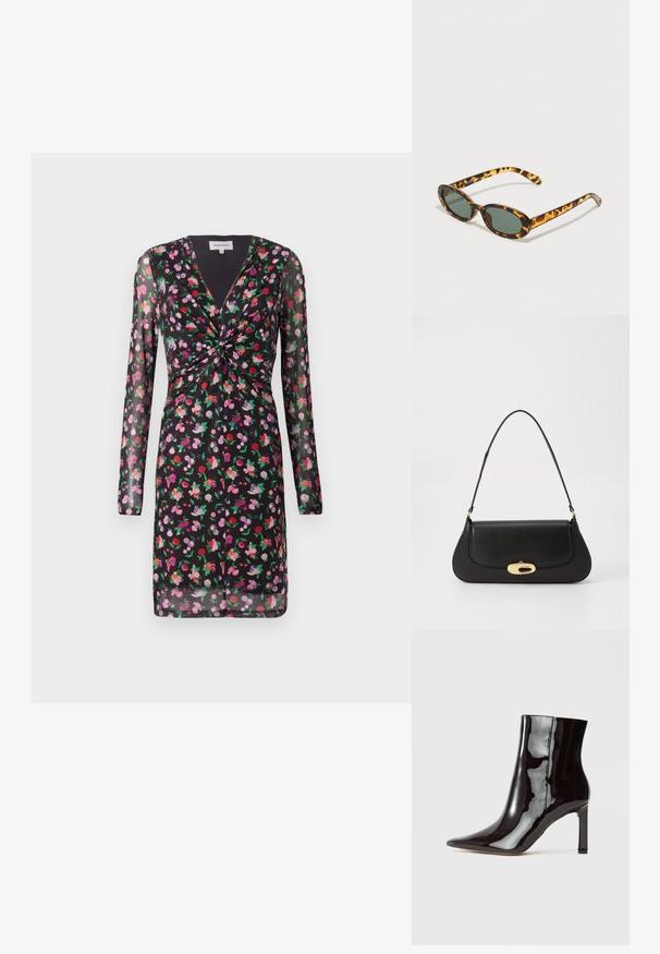 Juodas suknelė su permatomomis ilgomis rankovėmis, gėlių raštu raudona, rožine ir violetine spalvomis, turinti sukurtą priekinę detalę ir V formos iškirpę.; Juodos patentinės odos kulkšnės aulinukai su smailiu pirštu ir elegantiška siluetu. Įrengti stiletto kulnu ir lygiu paviršiumi.; Kostiumuotojo saulės akiniams su ovaliais rėmeliais, tamsiai žaliais objektyvais ir lieknais kojelėmis. Rėmelyje yra subtilus logotipas.; Juodas odinis rankinės su išlenktu dizainu, auksinių atspalvių furnitūra ir viršutine rankena. Savybės - stilingas uždarymas ir glotni tekstūra.
