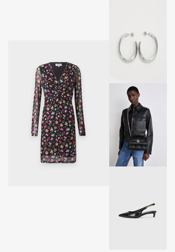 Musta mekko, jossa on läpinäkyvät pitkät hihat, kukkakuosi punaisena, vaaleanpunaisena ja purppurana, jossa on kierretty etuosa ja V-mallinen pääntie.; Mustat nahkaiset slingback-korkokengät, joissa on terävä kärki, ohuet korot ja kultasävytteinen yksityiskohta säädettävässä hihnassa. Silkkinen pinta.; Mustat nahkatakki, jossa on napitus ja kaksi etutaskua, yhdistetty mustaan tikattuun käsilaukkuun, jossa on kultainen lukko ja ketjuolkaimet.; Hope hopeista, joissa on sileä, kaareva muotoilu. Varustettu kiiltävällä metallipinnoitteella ja nappikiinnityksellä. Ei näkyviä kuvioita tai koristeluja.