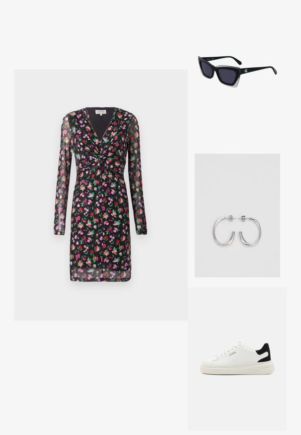 Crna haljina s prozirnim dugim rukavima, cvjetni uzorak u crvenoj, ružičastoj i ljubičastoj boji, s detaljem uvijanja sprijeda i V-izrezom.; Bijele kožne tenisice s debelim bijelim potplatom, crnim zamšastim akcentom na peti i ugraviranim logom sa strane. Dizajn s vezicama i šest rupa za vezivanje.; Crne oversize sunčane naočale geometrijskog oblika, s tamnim staklima i kontrastnom sivom dekoracijom na okviru. Logo na dršci.; Srebro naušnice u obliku prstena s glatkom, sjajnom završnom obradom. Zaobljenog oblika, laganog dizajna, s kopčom na poleđini.