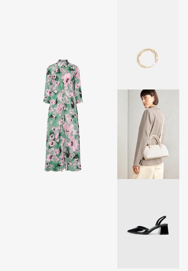 Długa sukienka zapinana na guziki, wykonana z lekkiego materiału, z zielonym tłem i różowymi oraz czarnymi wzorami kwiatowymi. Kołnierzyk i rękawy 3/4.; Czarne lakierowane półbuty na obcasie z wydłużonym noskiem i geometrycznym słupkiem. Charakteryzują się eleganckim, minimalistycznym designem oraz gładką fakturą.; Biała torebka o strukturalnym kształcie z krótkimi uchwytami i paskiem na ramię, z złotymi akcentami i teksturowanym materiałem, prezentowana na szarym tle.; Pierścionek w odcieniu złota z organicznym, skręconym wzorem, o gładkiej fakturze i zwężających się końcach, tworzący nowoczesny, rzeźbiarski wygląd.