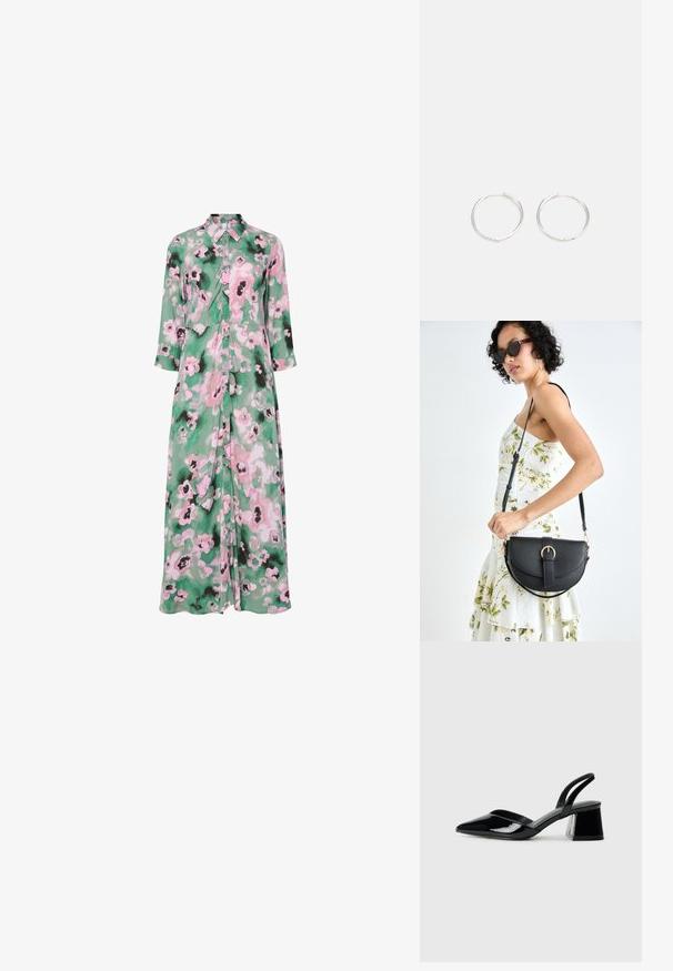 Dlouhé, košilové šaty vyrobené z lehké látky, které mají zelené pozadí s růžovými a černými květinovými vzory. Límec a 3/4 rukávy.; Černé lakované kožené lodičky na pásku s špičatou špičkou a geometrickým blokovým podpatkem. Vyznačují se elegantním, minimalistickým designem a hladkým povrchem.; Černá kožená kabelka s křivkovým tvarem, odnímatelným popruhem a zlatými detaily. Kabelka má klopu s přezkou.; Stříbrné kruhové náušnice s elegantním, kulatým designem, s hladkým povrchem a bez viditelných ozdob. Průměr není specifikován.