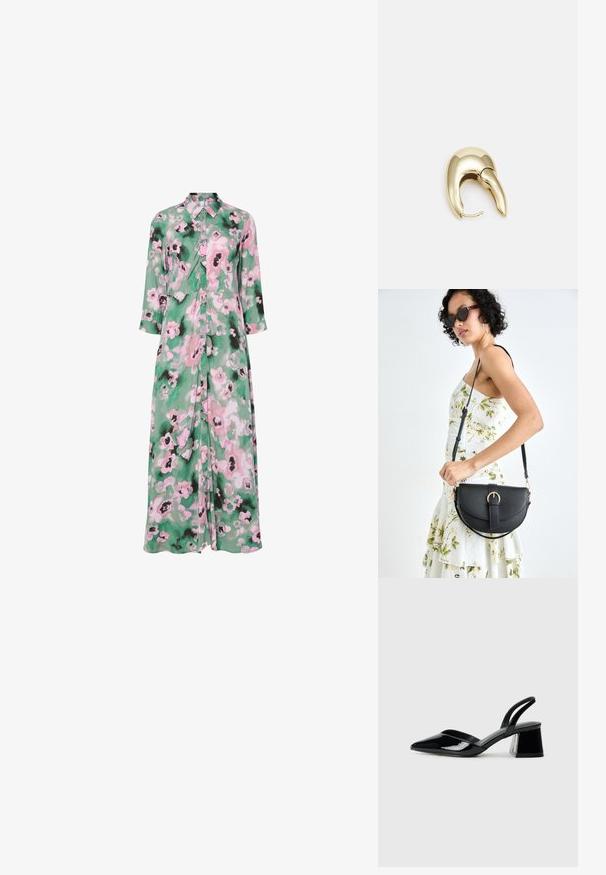 Rochie lungă, cu nasturi, confecționată dintr-un material ușor, având un fundal verde cu modele florale în nuanțe de roz și negru. Are guler și mâneci 3/4.; Pantofi cu toc slingback din piele lacuită neagră, cu vârf ascuțit și toc geometric. Prezintă un design elegant, minimalist și o textură netedă.; Geantă din piele neagră, cu o formă curbată, curea detașabilă și accesorii aurii. Geanta are un capac cu un detaliu tip cataramă.; Cercei din metal de culoare aurie cu un design elegant și curbat. Prezintă o formă distinctivă, ascuțită, o suprafață lustruită și un sistem de închidere cu balama.