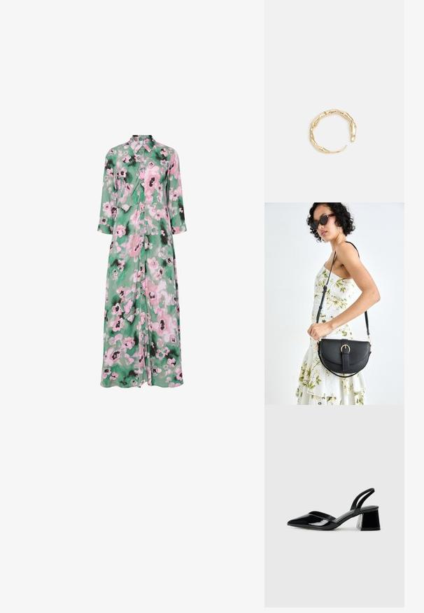 Duga haljina na dugme izrađena od lagane tkanine s zelenom pozadinom i ružičastim te crnim cvjetnim uzorcima. Ovratnik i rukavi do 3/4.; Crne lakirane kožne sandale s otvorenom petom i špicastim vrhom, s geometrijskom blok petom. Imaju elegantan, minimalistički dizajn i glatku teksturu.; Crna kožna torba s lukovitim oblikom, odvojivim remenom i zlatnim detaljima. Torba ima preklop s kopčom.; Prsten u zlatnoj nijansi s organskim, uvijenim dizajnom, glatkom teksturom i suženim krajevima, koji stvara moderan, skulpturalni izgled.