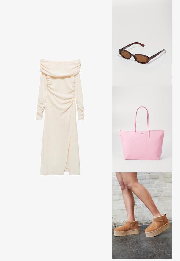 Rochie off-the-shoulder, cu mâneci lungi, dintr-un material crem deschis. Prezintă detalii cu pliseuri pe laterale și o fanta deasupra genunchiului pe partea stângă.; Botine din suede maro, cu căptușeală moale, talpă platformă groasă de culoare bej și sistem de prindere în partea din spate. Suprafață texturată cu detalii de cusătură vizibile.; Ochelari de soare rotunzi, cu nuanțe de brown și cu un cadru lucios de burgund. Brațe subțiri cu detalii subtile de branding. Design cu lentile plate.; Geanta tote roz realizată dintr-un material texturat, având două mâneri lungi și un logo embosat pe față. Închidere superior cu fermoar.