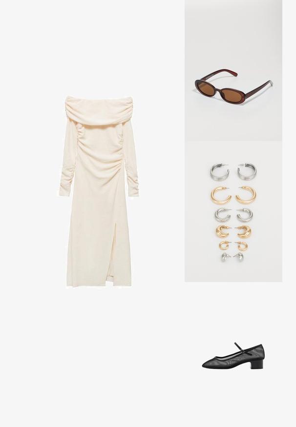 Rochie off-the-shoulder, cu mâneci lungi, dintr-un material crem deschis. Prezintă detalii cu pliseuri pe laterale și o fanta deasupra genunchiului pe partea stângă.; Pantofii din plasă negri cu vârful ascuțit, un toc mic și detalii cu bandă în jurul gleznei. Au o textură netedă și un design minimalist.; Ochelari de soare rotunzi, cu nuanțe de brown și cu un cadru lucios de burgund. Brațe subțiri cu detalii subtile de branding. Design cu lentile plate.; Set de opt cercei din metal în tonuri de argint și aur. Include diverse stiluri de cerc, texturi și finisaje, aranjate după dimensiune.
