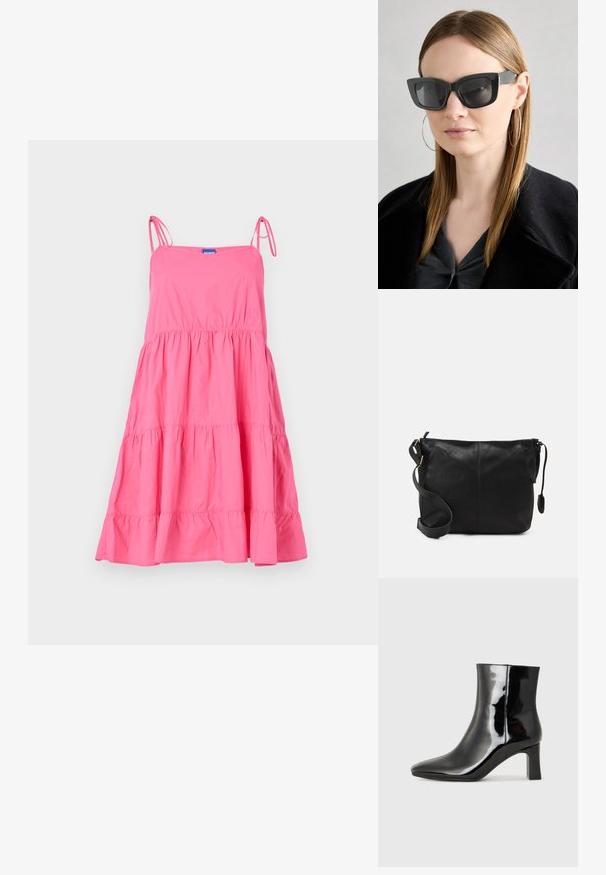 HUGO KARAMELA - Päevakleit - dark pink; Must-sinine nahkjalats musta läikiva viimistlusega, millel on terav nina ja keskmise kõrgusega plokk konts. Sile tekstuur ja minimalistik disain.; Must musta prillid tumedate läätsedega, paksude raamidega ja tagasihoidlike aktsentidega. Kantud musta jope ja halli särkiga, pikki sirgeid juukseid kandes.; Must värvi nahast ristiõlakott, millel on lame kuju, kuldne metallist detailide aktsent ja reguleeritav rihm. Sile tekstuur väheste õmblusdetailidega.