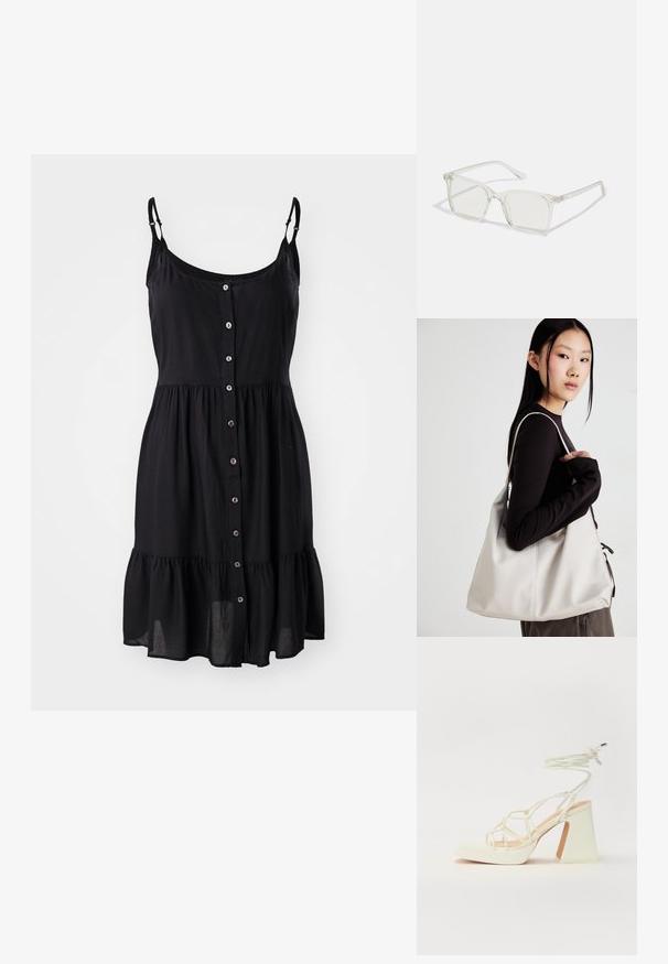 Vestido preto sem mangas com frente de botões, bainha com babados e alças ajustáveis feito de tecido leve.; Sandálias brancas de salto alto com um salto robusto, apresentando um design com tiras e amarração no tornozelo. Textura suave com uma plataforma na frente para altura adicional.; Óculos quadrados de plástico transparente com lentes translúcidas, apresentando detalhes em dourado nas hastes.; Uma bolsa bege feita de material macio, com um design descontraído, detalhes de costura e duas alças para o ombro. Adequada para uso diário.