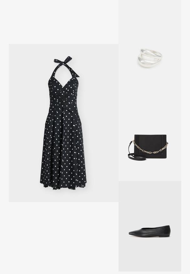 Vestido halter negro con lunares blancos, que presenta un cuerpo ajustado, detalle fruncido y una falda fluida hasta la rodilla. Se ata en el cuello.; Bailarinas de cuero negro, punta afilada, diseño minimalista, textura suave, tacón bajo, sin herrajes ni adornos visibles.; Bolso cruzado de piel negra con textura suave, forma rectangular y un detalle de cadena metálica en el frente. Incluye una correa ajustable.; Anillo de plata de doble banda con una superficie lisa y pulida. Presenta un diseño fluido y curvado con secciones superpuestas para un aspecto moderno.