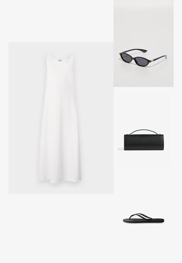 DRYKORN LOZIA biały; Czarne klapki z teksturowaną gumową podeszwą, dwiema smukłymi paskami oraz subtelnym, wytłoczonym logo na pasku.; Czarne okulary przeciwsłoneczne z owalnymi soczewkami, ciemnym gradientowym przyciemnieniem i cienkimi ramionami z subtelnymi złotymi akcentami. Gładkie, plastikowe wykończenie.; Czarna pleciona skórzana kopertówka o prostokątnym kształcie, z cienkim uchwytem i subtelnymi złotymi akcentami.