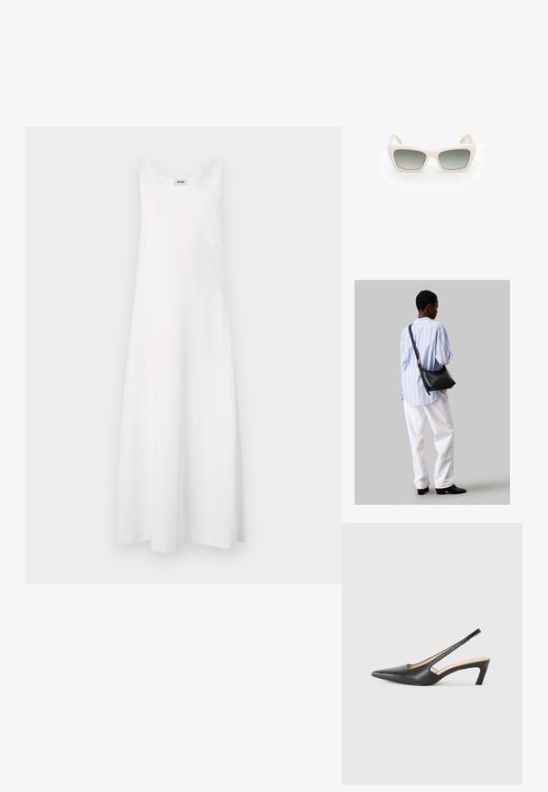 DRYKORN LOZIA - Žerzejové šaty - white; Černý špičatý slingback s nízkým podpatkem, vyrobený z hladké kůže, s výřezem na boku pro lepší prodyšnost.; Sluneční brýle s kočičím designem, bílý plastový rám, šedé gradientové čočky a tenké nožičky s jemným detailem značky.; Černá kožená kabelka přes rameno s jemnou texturou, trojúhelníkovým tvarem a nastavitelným popruhem, v kombinaci se světle modrou pruhovanou košilí a bílými kalhotami.