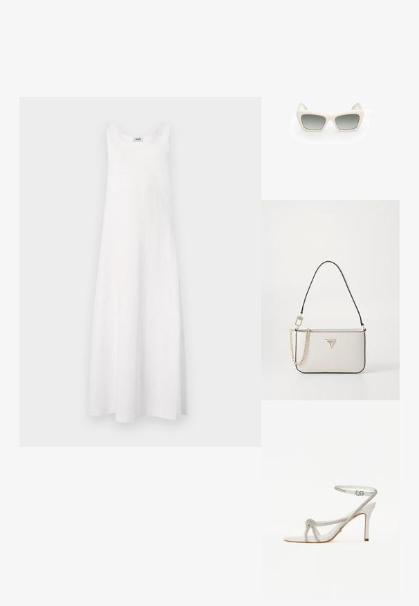 DRYKORN LOZIA - Žerzejové šaty - white; Bílé sandály na vysokém podpatku s texturovaným páskem zdobeným rhinestony, otevřená špička a kotníkový pásek s nastavitelnou sponou.; Sluneční brýle s kočičím designem, bílý plastový rám, šedé gradientové čočky a tenké nožičky s jemným detailem značky.; Bílá texturovaná kabelka s černým lemem, vybavená zlatým řetízkem na nošení, odnímatelným ramenním popruhem a trojúhelníkovým logem jako akcentem.