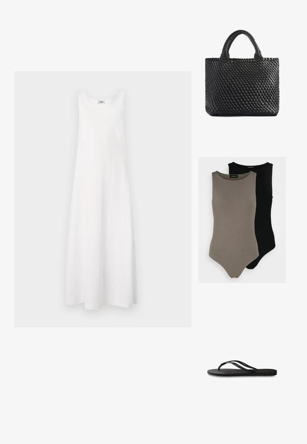 DRYKORN LOZIA - Trikoomekko - white; Kaksi hihattomaa bodysuitia oliivinvihreänä ja mustana. Valmistettu sileästä kankaasta, jossa on pyöreä pääntie ja korkea lahkeiden leikkaus.; Mustat flip-flopit, joissa on röpelöinen kumipohja, kaksi hoikkaa remmiä ja hillitty, kohokuvioitu logotyyli remmissä.; Mustakudottu kassi kahdella kahvalla, jossa on tekstuuri pinta ja suorakulmainen muoto. Yksinkertainen, ainutlaatuinen muotoilu ilman näkyvää metalliosaa.