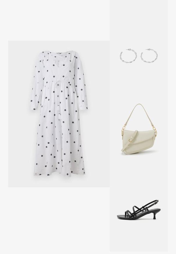 Balta kleita ar garām piedurknēm un V veida izgriezumu. Satur melnu ziedu izšuvumu un aukliņu jostas vietā ar pušķīšiem. Mīksts, viegls audums.; Melni papēžu sandales ar vairākiem krustveida siksnām. Gluda materiāla, norādīta purngala un šaura papēža. Regulējama potītes siksna ar sprādzīti.; Maza krēmkrāsas rokas soma ar teksturētu apdari, garu regulējamu siksniņu, ķēdes akcentu un vāciņa aizdari. Zelta aparatūras detaļas.; Sudraba gredzenveida auskari ar savītu dizainu, kas ir ar pulētu apdari un ar aizmugurēju fiksāciju. Izmērs ir aptuveni 3 cm diametrā.