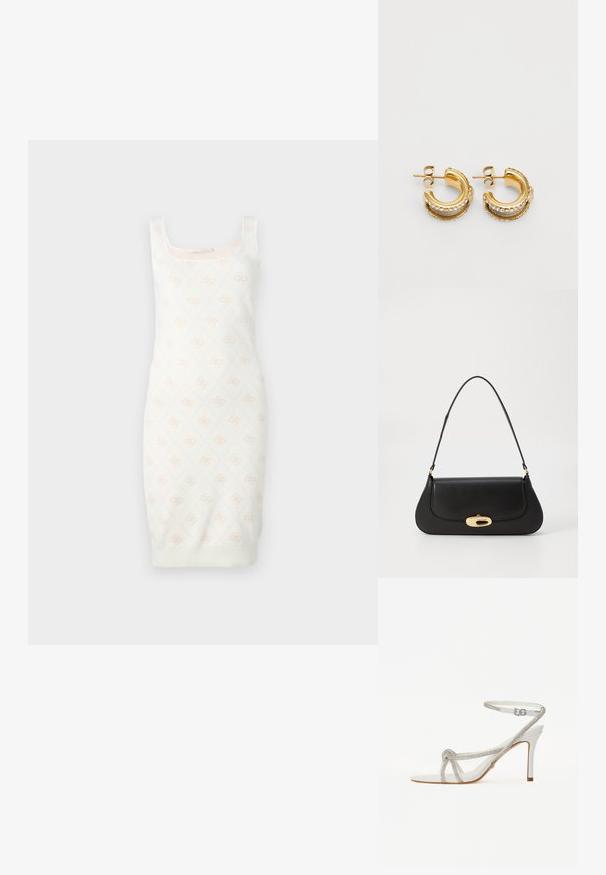 Adīta kleita krēmkrāsā ar smalku ziedu rakstu. Izceļas ar pieguļošu fasonu, kvadrātveida kakla izgriezumu un ribinātu apakšmalu. Mīksta tekstūra komfortam.; Baltas augstpapēžu sandales ar strukturētu siksniņu, kas rotāta ar rhinestones, atvērta purngala dizains un potītes siksniņa ar regulējamu sprādzi.; Melna ādas rokassoma ar izliekta dizaina elementiem, zelta krāsas detaļām un augšējo rokturi. Iezīmējas ar elegantu aizdari un gludu faktūru.; Zelta apli diegi ar teksturētu virsmu, kas ir rotāti ar rindiņu nelielu caurspīdīgu kristālu gar malu un ar nasta aizmugurē.