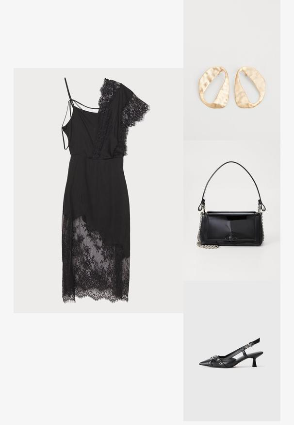 MUNTHE SAHAN - Kokteilinė suknelė / vakarėlių suknelė - black; Juodas odinis slingback tipo batai su smailiu priekiniu atvartu, dekoratyvinėmis sagtimis su metaliniais akyčiais ir žemu blokiniu kulnu. Saldus paviršius.; Juodas lakinės odos rankinės ilgis stačiakampis, su grandinėlės dirželiu ir išskirtiniu metaliniu akcentu centre. Lygus paviršius.; Nedidelis nereguliarus ovalo formos aukso tono metalinių auskarų pora su tekstūruota, šiek tiek kalta paviršiumi ant balto fono.