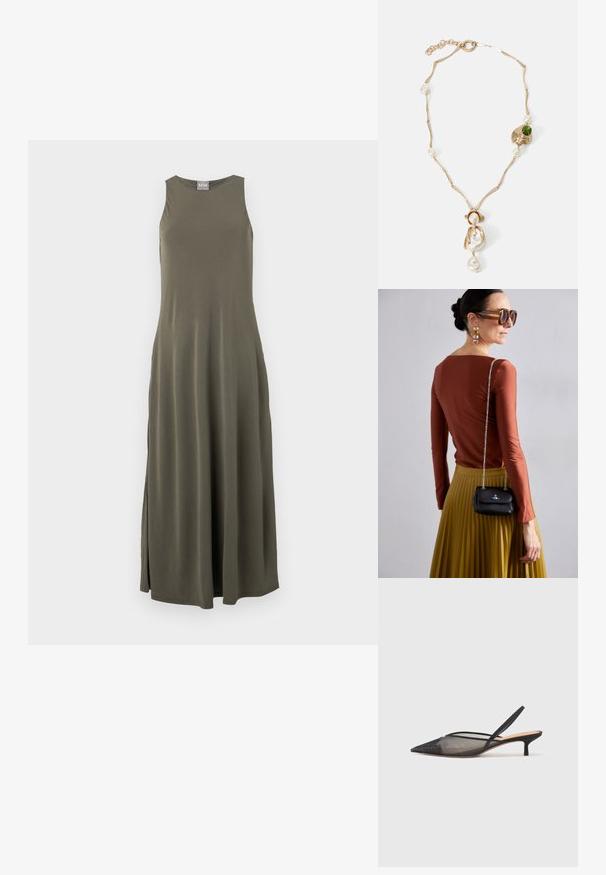 Oljen vihreä hihaton maksimekko rentoa istuvuutta, sivuleikkauksia ja hienovaraista kiiltoa. Valmistettu pehmeästä ja sileästä kankaasta.; NEOUS IRENA - Avokkaat - black; Vivienne Westwood SMALL PURSE CHAIN - Olkalaukku - black; Kultaketju, jossa on kiertyneet linkit, valkoisia helmiä ja vihreä kiviakseli. Ominaisuuksiin kuuluu monimutkaiset yksityiskohdat ja kiinnitysklipsi.