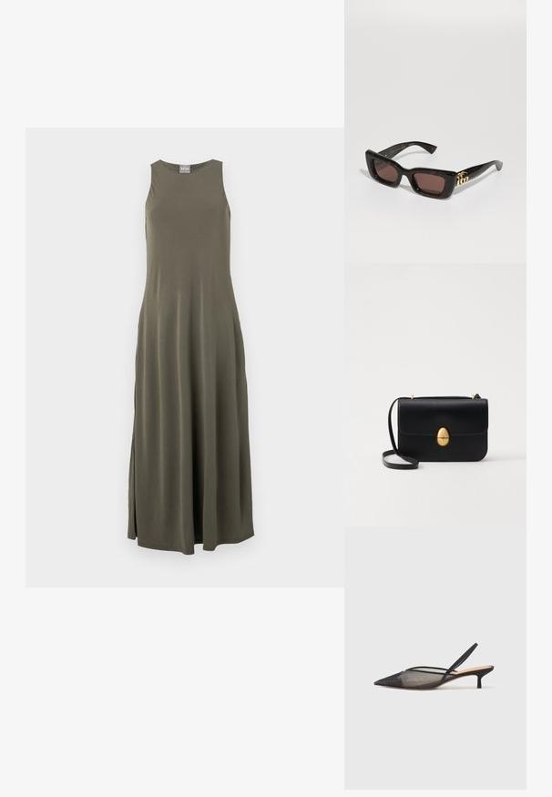 SLEEVELESS, oliiviroheline täispikk kleit, millel on lõdvestatud lõige, külgedel lõhikud ja õrn sära. Valmistatud pehmest, siledast kangast.; NEOUS IRENA - Klassikalised kontsakingad - black; Mustad kilpkonna pruunide läätsedega päikeseprillid, paksu raamiga ja kuldse topelt-G logo detailiga põlves.; Must kase nahast käekott, millel on struktureeritud ristkülikukujuline kuju. Omab kuldset ovaalset lukku ja õhukest õlavarre rihma. Sile tekstuur.