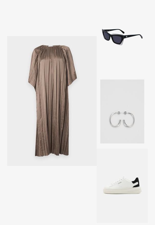 Brown pleated dress made of smooth fabric with a round neckline and loose sleeves, featuring vertical fold details throughout.; White leather sneakers with a thick white sole, black suede heel accent, and embossed logo on the side. Laced design with six eyelets.; Black oversized sunglasses with a geometric shape, featuring dark lenses and a contrasting grey detail on the frame. Logo on the arm.; Silver hoop earrings with a smooth, shiny finish. Rounded shape, lightweight design, featuring a post-back closure.
