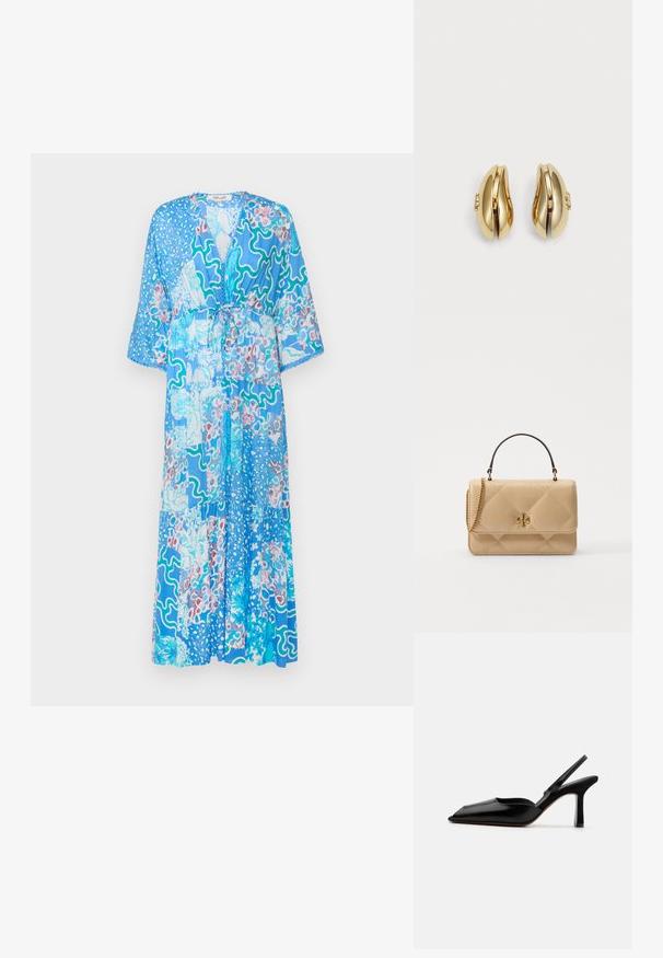 Diane von Furstenberg BORIS DRESS - Maxi šaty - blue; Černé kožené slingback podpatky s špičatou špičkou, minimalistický design, tenký popruh kolem kotníku a štíhlý jehlový podpatek. Hladká textura.; Prošívaná béžová kožená kabelka se zlatou kovovou bižuterií, řetízkovým popruhem a horní rukojetí. Obsahuje přední klopu a podpisový detail loga.; Náušnice ve zlatém tónu s plynulým, zakřiveným designem. Každá náušnice má hladký povrch a malý uzávěr s ozdobným detailem.